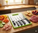 Saqoware Kitchen Knife & Cutting Board Set with Sharpener – Stainless Steel Knives & Multicolor Chopping Board