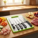 Saqoware Kitchen Knife & Cutting Board Set with Sharpener – Stainless Steel Knives & Multicolor Chopping Board